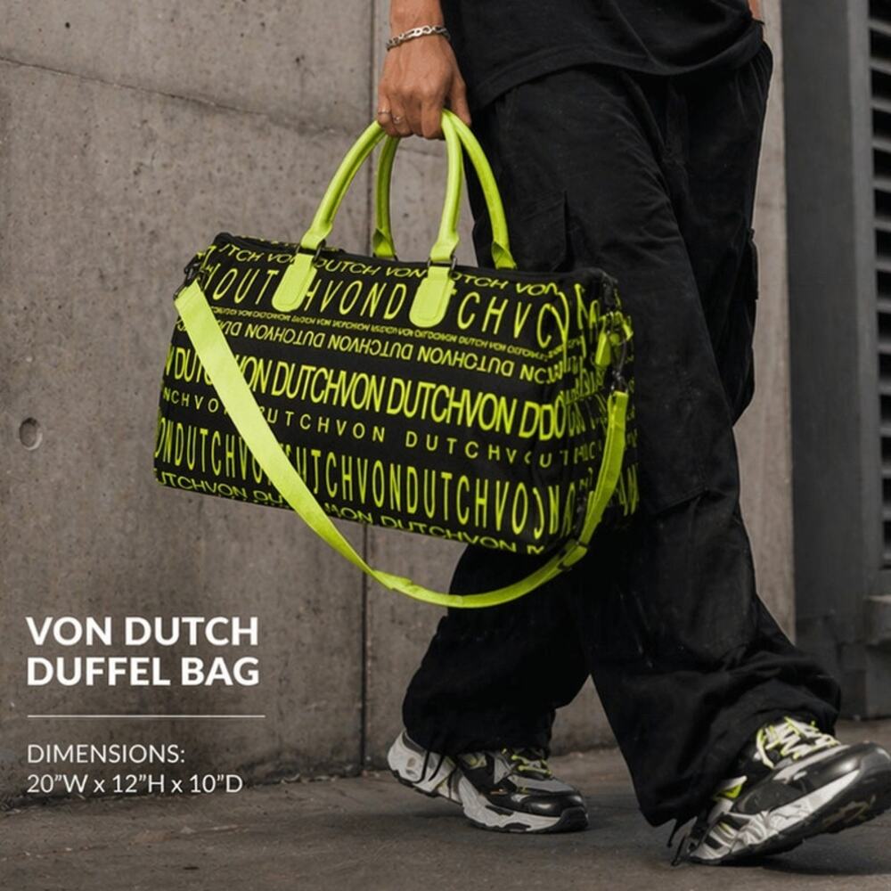 Von Dutch Monogram Black & Yellow Duffle Bag Weekender Overnight Luggage Gym